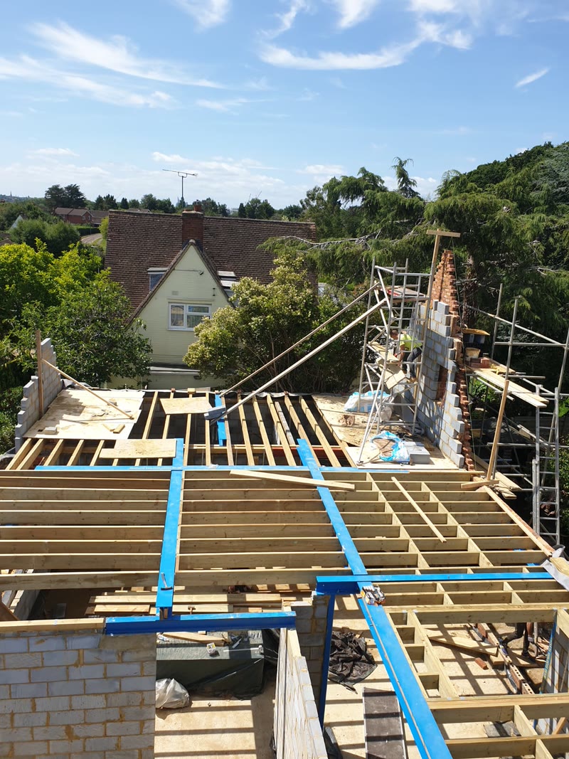 Timber roof framing during construction